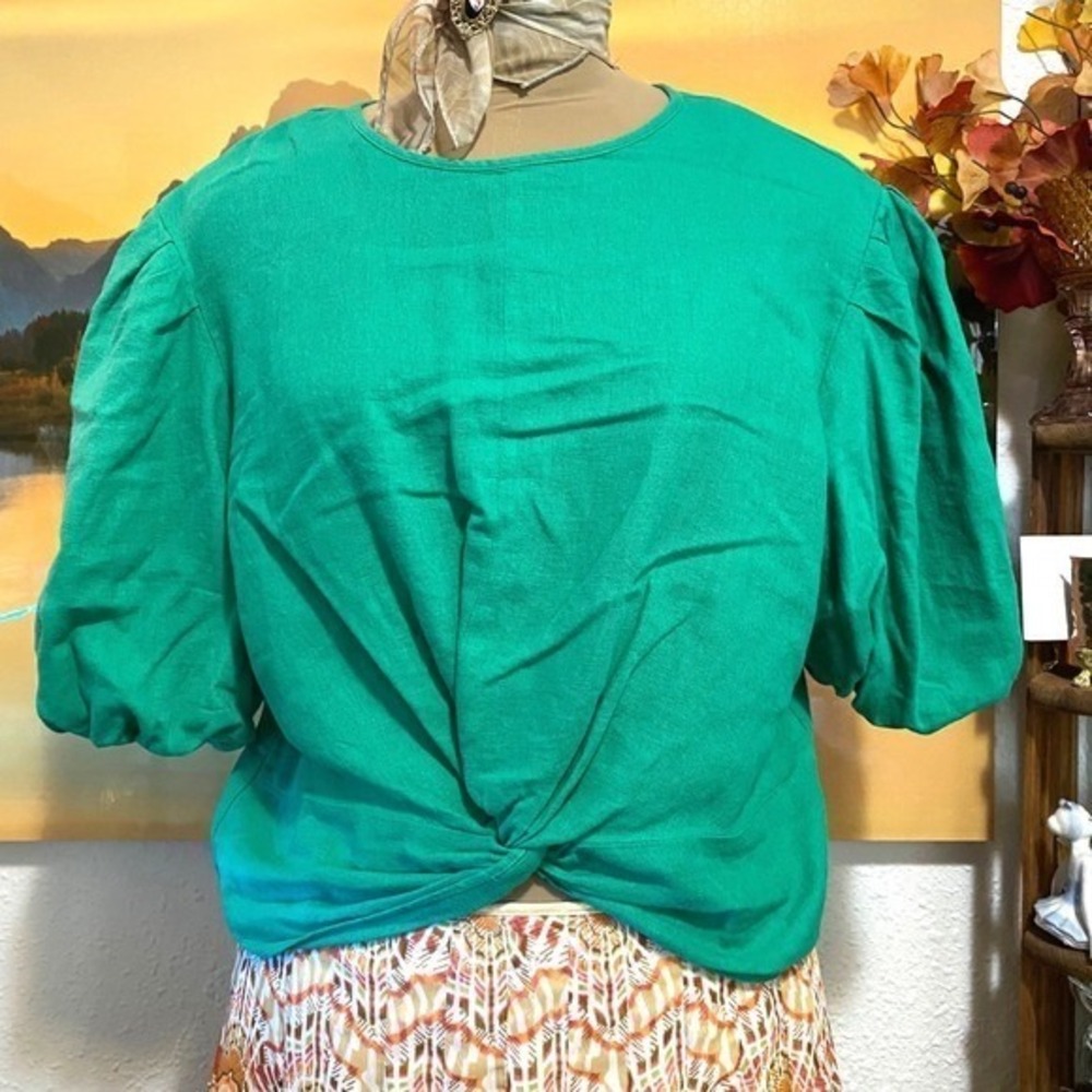 Marc New York Linen Blouse Cottagecore Twist Front Puff Sleeve Women M Green